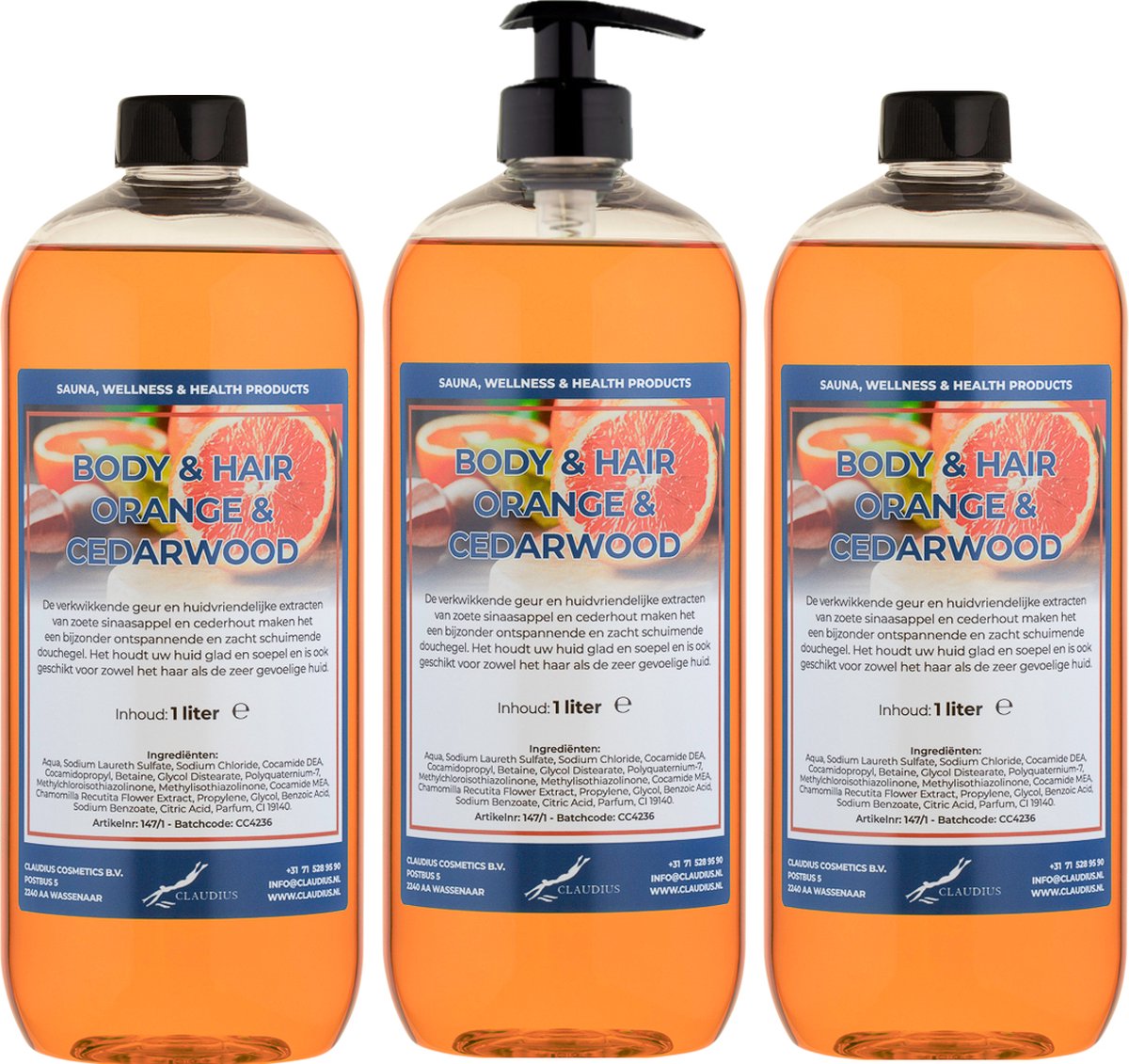 Goedkoopste Body & Hair Sweet Orange & Cedarwood 1 liter - set van 3 stuks - met gratis pomp - 2 in 1 voor lichaam en haar.