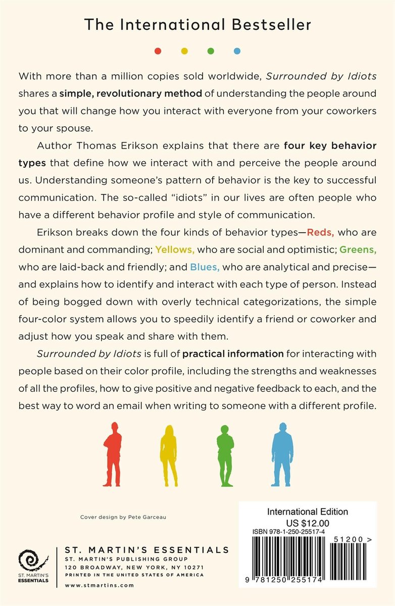 Boek 'Surrounded by Idiots' met vier gekleurde silhouetten van mensen: rood, geel, groen en blauw.