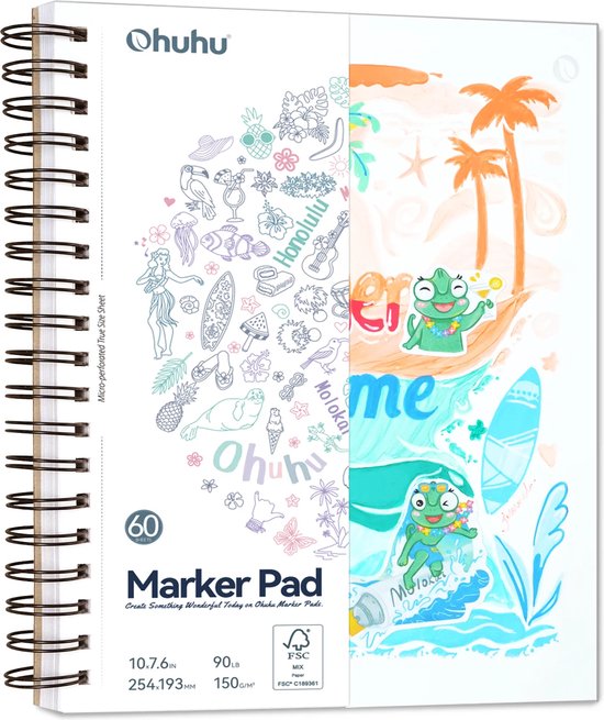 Een Ohuhu marker papier blok met een blanco linkerhelft en een zomerse illustratie op de rechterhelft.