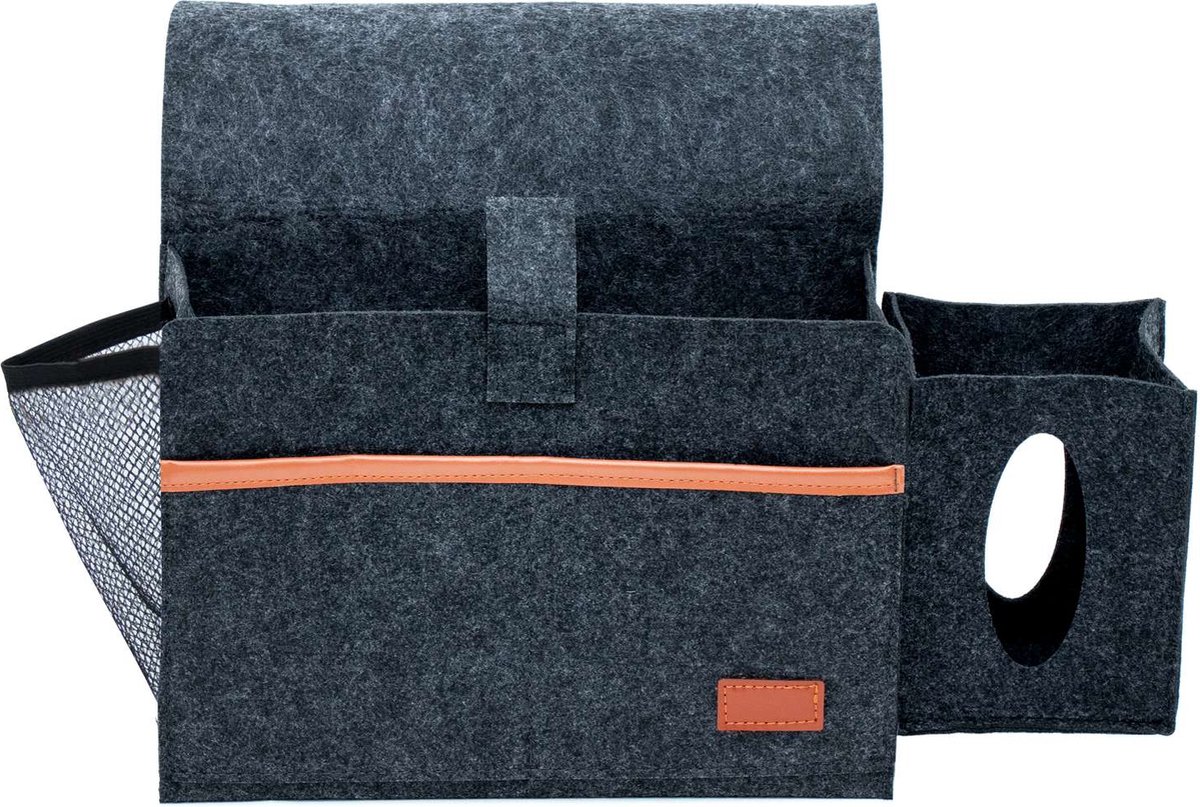 Intirilife Bedtas, Nachtkastje Zak van vilt in Donkergrijs - 41 / 29 x 11.3 x 19.5 cm - Zak voor Sofa Armleuning, Organiser voor Telefoon, Tablet, Boek, Opberging