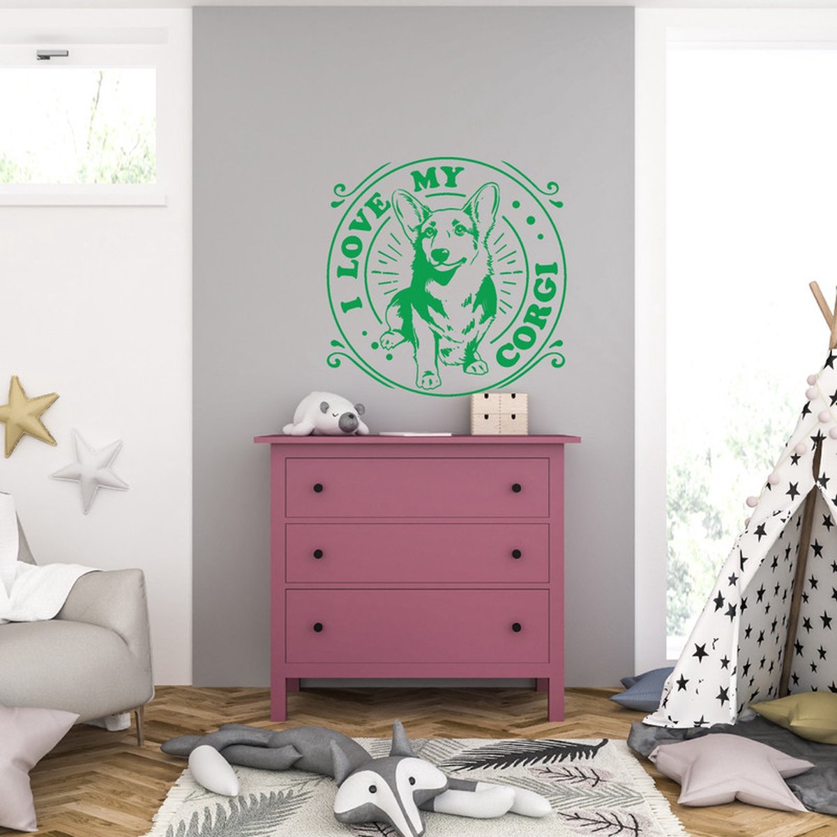 MC Living Muursticker - I Love My Corgi - 46,4 x 46,4 - Groen