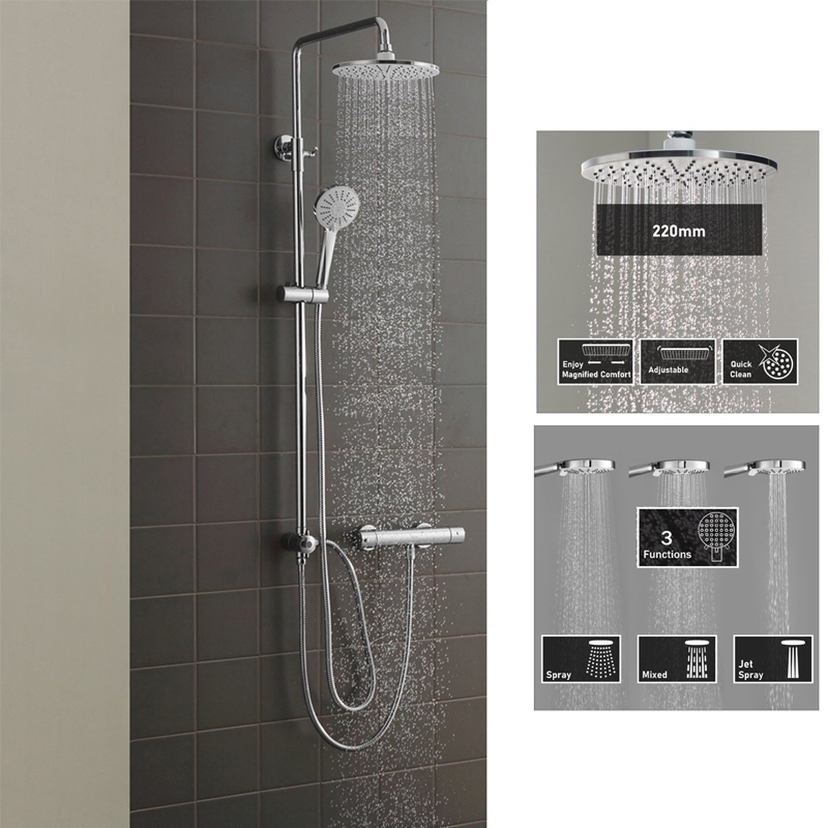 CECIPA max Douchesysteem - Regendouche - Handdouche met 3 functies - Chroom