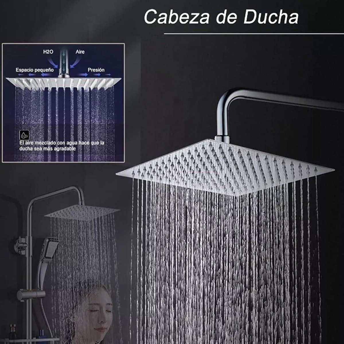 Pommeau De Douche Pluie Carré 35,5 Cm Acier Inox – 360° Rotatif, Économe En Eau, Auto-nettoyant, Effet Cascade Luxe
