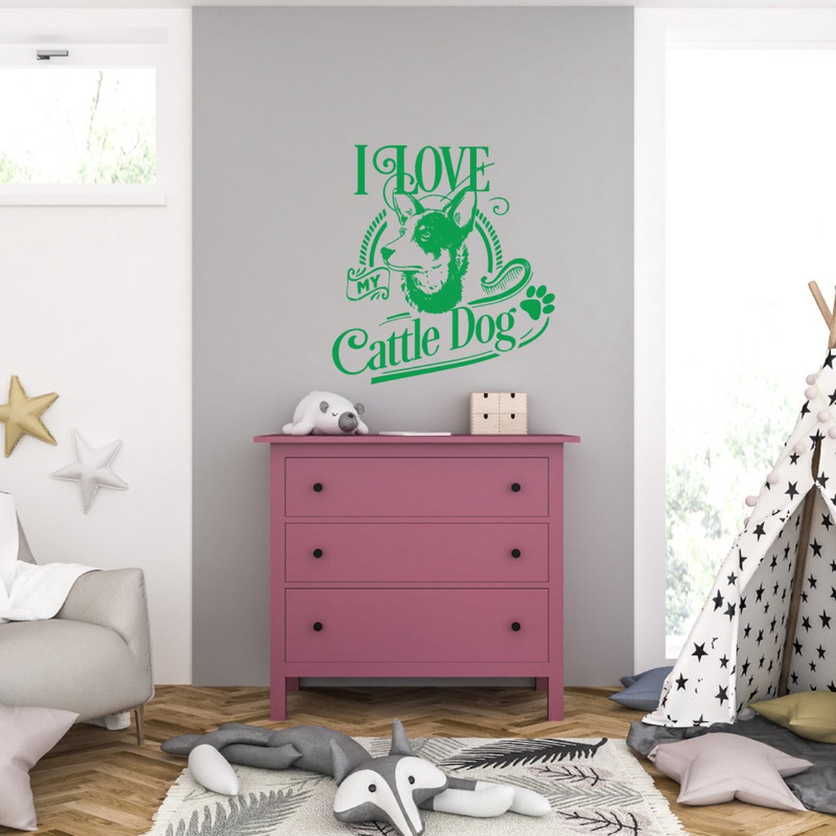 Muursticker - I Love My Cattle Dog - 58 x 62 - Groen