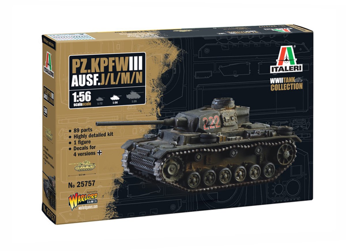 Italeri Modelbouwpakket Vliegtuigen - 25757 Pz. Kpfw. III Ausf. J/L/M/N - WWII - Tank met 4 Bouwopties Plastic - 1:56 - Modelbouw