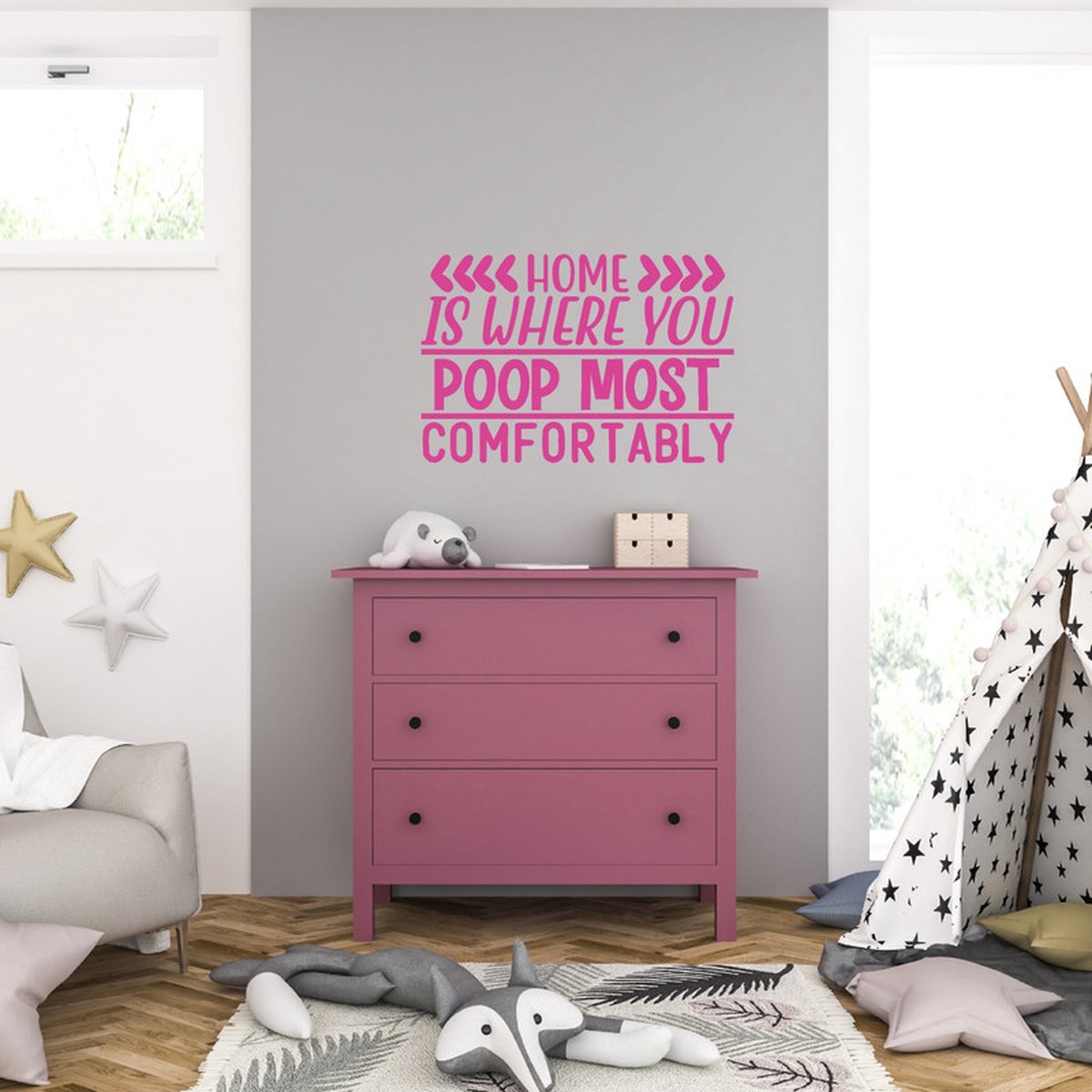 MC Living Muursticker - Home Is Where You Poop Most Comfortably - 58 x 86 - Roze
