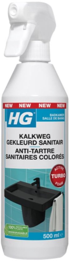 Witte spuitfles met HG logo, "Kalkweg Gekleurd Sanitair" tekst en afbeelding van zwarte wastafel.