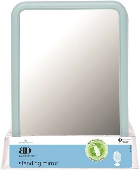 Lichtblauwe staande spiegel, 13x18cm, met opdruk 'standing mirror' en 'RECYCLED PLASTIC'.