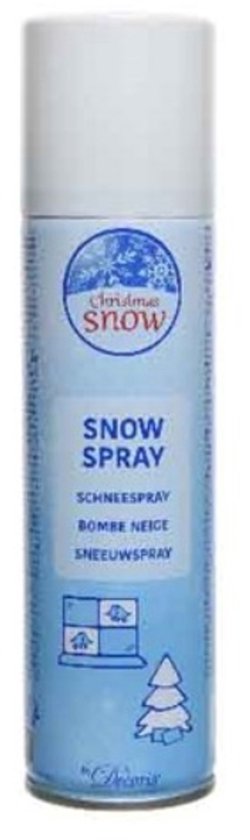 Spuitbus met decoratiesneeuw van Christmas Snow. Blauw met witte en grijze tekst: SNOW SPRAY, SCHNEESPRAY, BOMBE NEIGE, SNEEUWSPRAY. Met afbeeldingen van een kerstboom en raam.