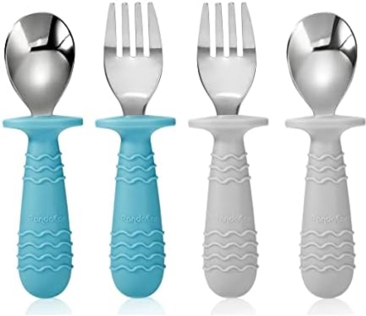 Image of 4-delige Baby Peuter Siliconen Roestvrij Staal Gebruiksvoorwerpen Set Lepel Vork (Blauw)
