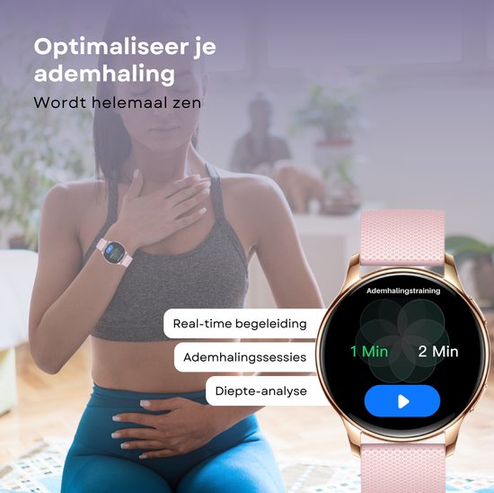 Kiraal Valencia Montre connectée AMOLED pour Femme - Bracelet en Acier Inoxydable, Cuir et Siliconen - Moniteur de Fréquence Cardiaque - Podomètre - Moniteur de Sommeil - Multisport - Compatible Android et iOS - Or Rose et Rose