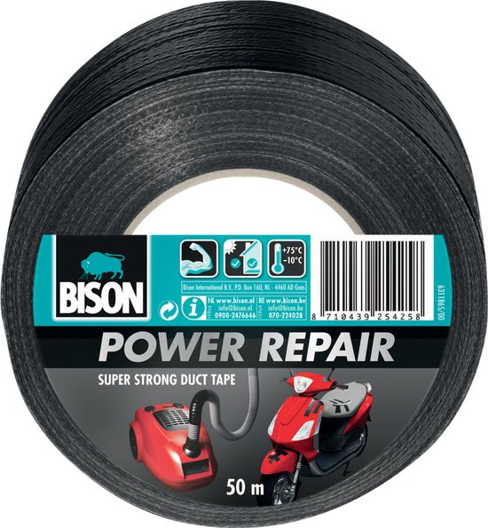 Bison Power Repair zwart rol 50 meter x 48 mm, super sterk, reparatietape, duct tape, versterken, afdichten, verbinden, beschermen, geschikt voor binnen en buiten