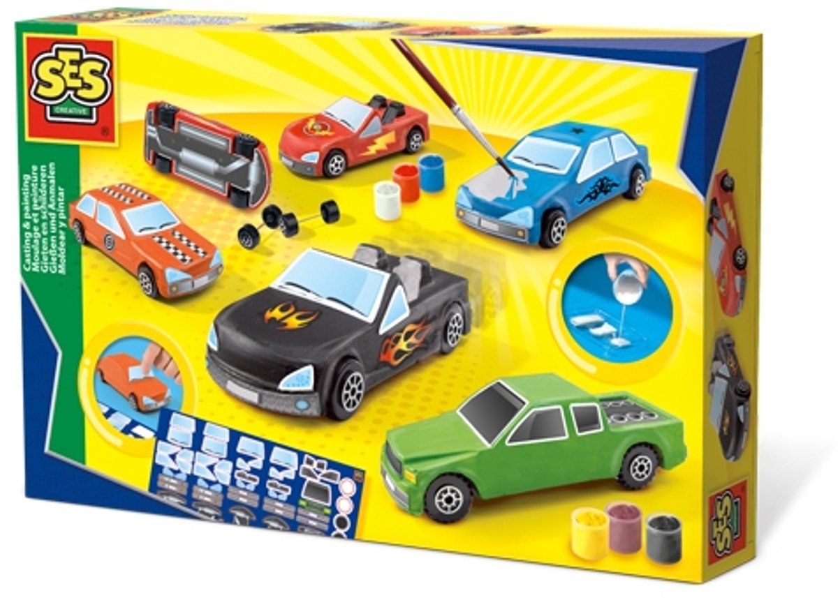 SES - Gieten en schilderen - Auto's - sneldrogend - met vormpjes, gips, verf, penseel, wielen en stickers - knutselen jongens