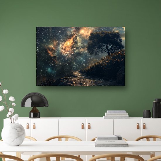 Nachtsky schilderijen - Natuur wanddecoratie - Schilderijen canvas Sterren - Muurdecoratie industrieel - Schilderijen canvas met baklijst - Woondecoratie canvas met baklijst 150x100 cm