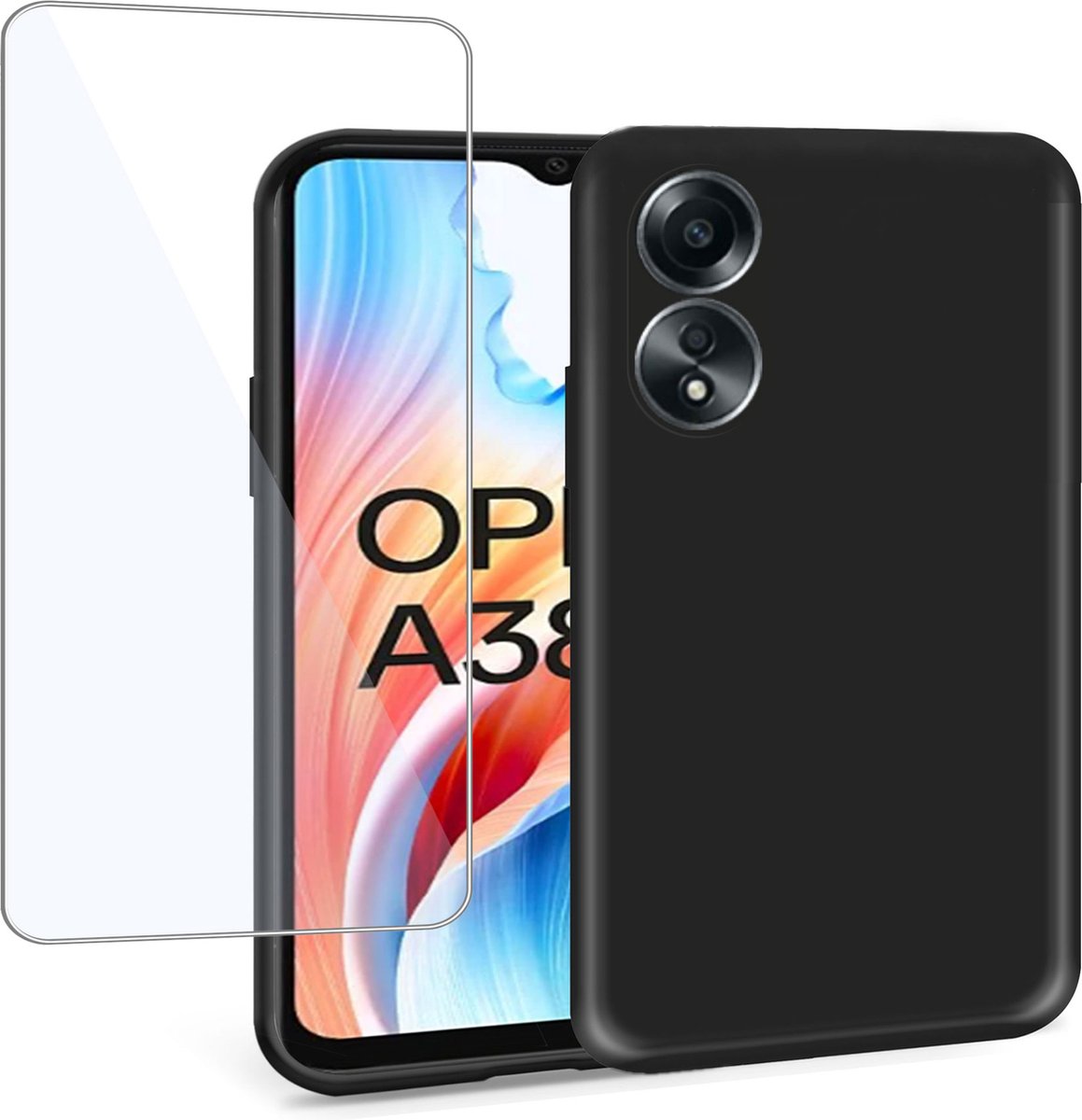 Geschikt voor OPPO A38 - Hoesje + Screenprotector – Gehard Glas Cover - Suède Case Zwart