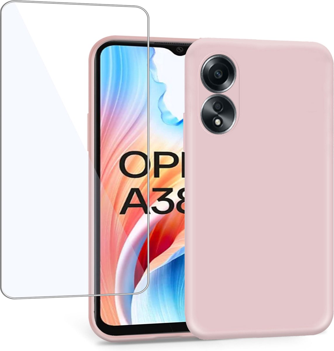 Geschikt voor OPPO A38 - Hoesje + Screenprotector – Gehard Glas Cover - Suède Case Rose