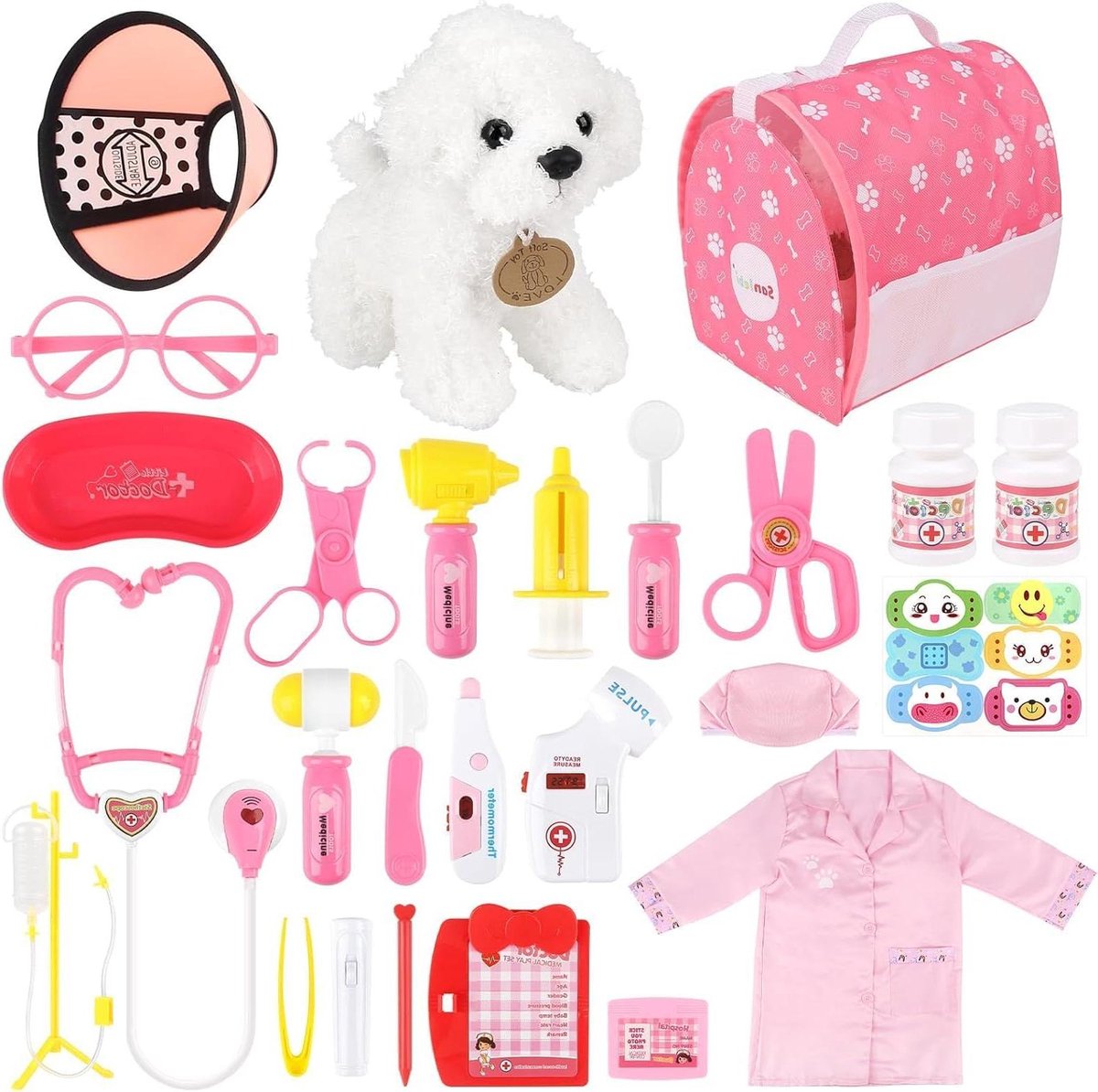 Dokterset Speelgoed Huisdierenarts Verzorging Speelset met Dokterskostuum Pluche Hond Rollenspel Medische Kit Geschenken voor Meisjes van 3-6 jaar Dokterset Speelgoed