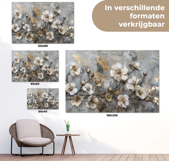 Tuinposter 120x80 cm - Tuindecoratie Bloemen - Wit - Grijs - Goud - Luxe - Poster voor in de tuin - Buiten decoratie - Schutting tuinschilderij - Tuindoek muurdecoratie - Wanddecoratie balkondoek