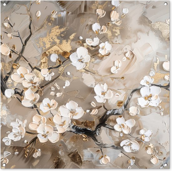 Affiche de jardin 100x100 cm - Décoration de jardin Fleurs - Wit - Or - Beige - Luxe - Affiche pour le jardin - Décoration extérieure - Peinture de jardin de clôture - Décoration murale toile de jardin - Décoration murale toile balcon