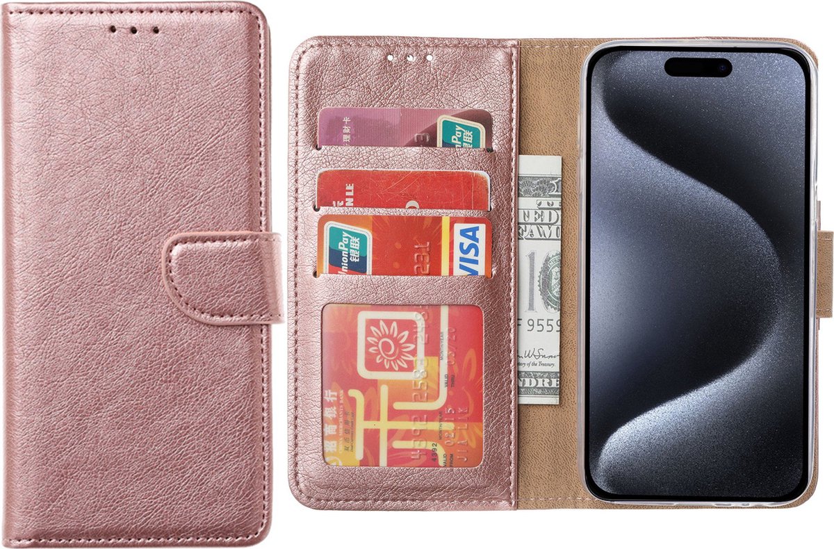 Hoesje Geschikt voor iPhone 15 Pro – Arara bookcase met pasjeshouder- Rosegoud