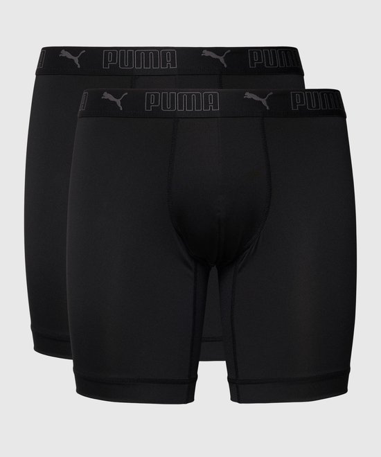 Twee zwarte Puma boxershorts, zijkant met logo-elastische band.