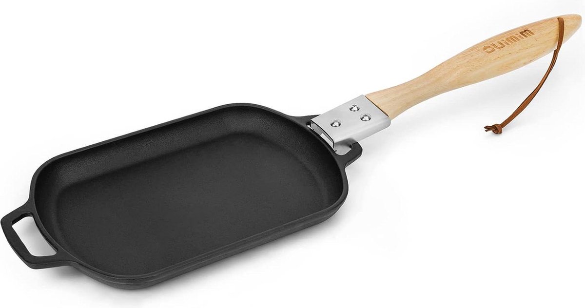 Grillpan Rechthoek Skillet Sizzling Plate Gietijzeren Pan Houten Handvat Serveerpannetjes voor Pizza Ovens Gasgrill Houtskoolgril 358 x 20 cm