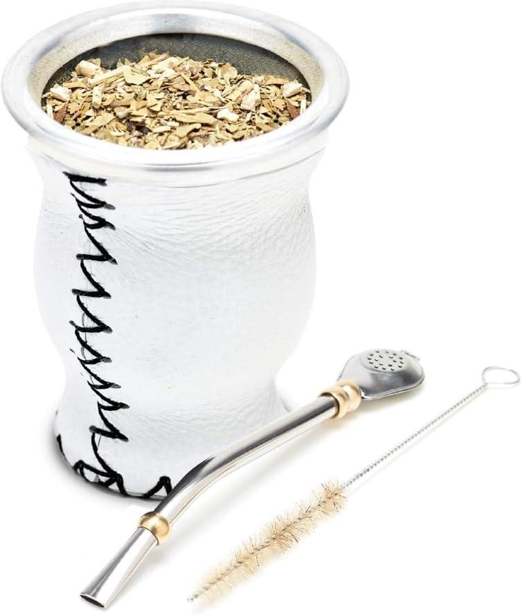 Yerba Mate kalebasenset met Yerba Mate Bombilla - Leder en glas - WIT.