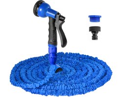 Uitbreidbare tuinslang 15 m, flexibele waterslang met 8-patroonsproeier, lekvrije, intrekbare krachtige slang met 3/4 inch, 1/2 inch aansluitingen (15 m, blauw)