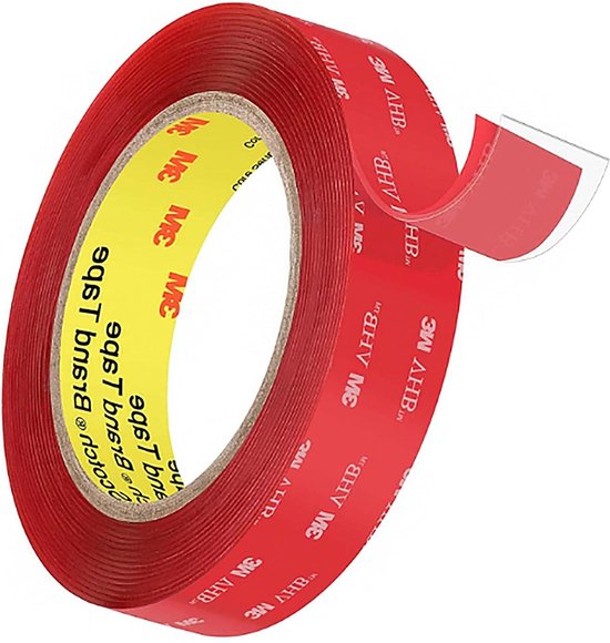 Rood dubbelzijdig 3M VHB 4910 tape met beschermfolie, 25mm breed.