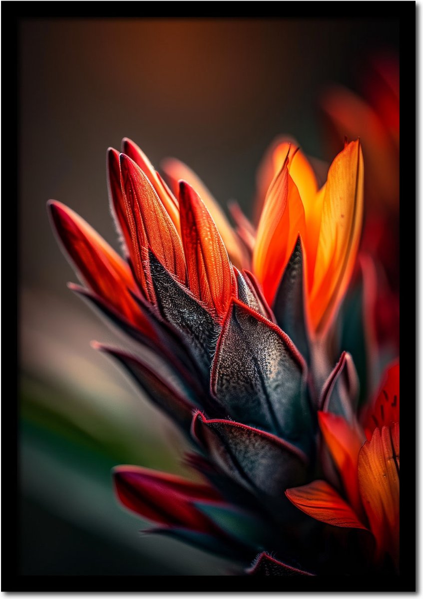 Plakkers Poster fel oranje bloem met zwarte bladeren - 70cm x 100cm - vintage - woonkamer - slaapkamer - bloemen posters - goedkoop - muurposter - natuur - wanddecoratie Full-colour