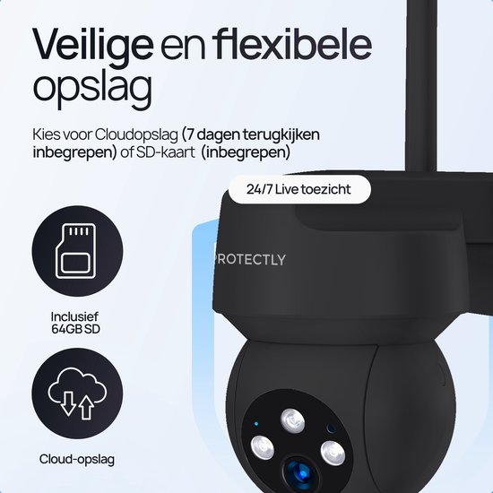 Zwarte Protectly camera met 24/7 live toezicht, inclusief 64GB SD-kaart opslag en cloud-opslag.