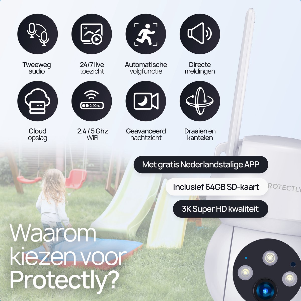 Afbeelding 2 van Protectly® Beveiligingscamera Buiten – 3K HD 5MP - Buiten Camera Met Nachtzicht – Buitencamera - Security camera - Met WiFi en APP - Incl. 64GB SD - Wit