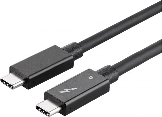 Zwarte Thunderbolt 4 kabel met twee USB-C connectoren. Een connector heeft een klein Thunderbolt logo.