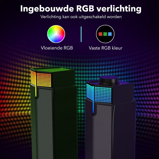 Twee verticale speakers met ingebouwde RGB-verlichting. De linker speaker toont vloeiende RGB-kleuren, de rechter een vaste RGB-kleur.