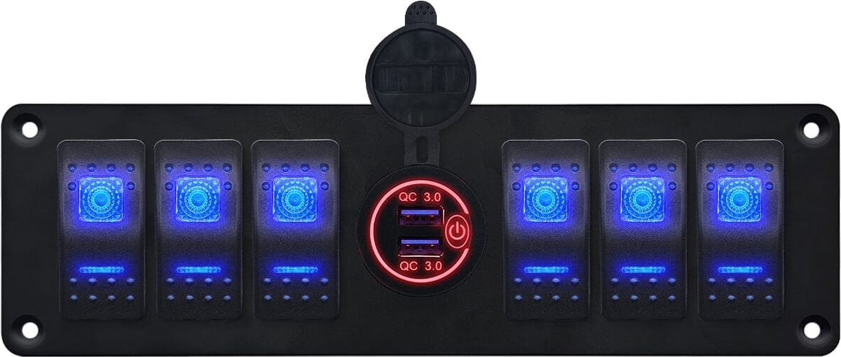 ProRide Schakelpaneel 12V voor Auto/Boot - USB Stopcontact 2 Poorten met Schakelaar - QC3.0 - PUSB1QC-R - 6 schakelaars - Rood
