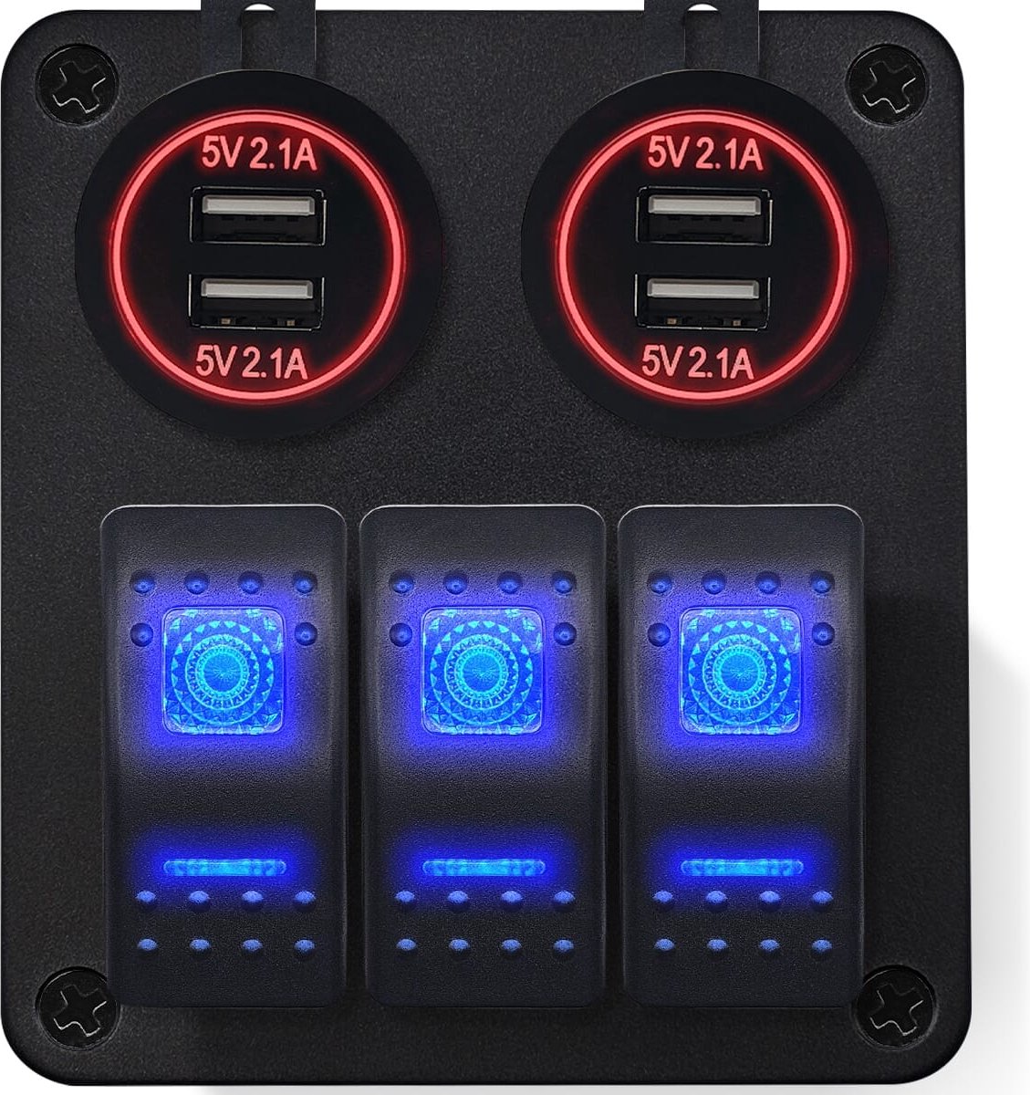 ProRide Schakelpaneel 12V voor Auto/Boot - USB Stopcontact 4 Poorten - 5V/2.1A - 3 schakelaars - Rood