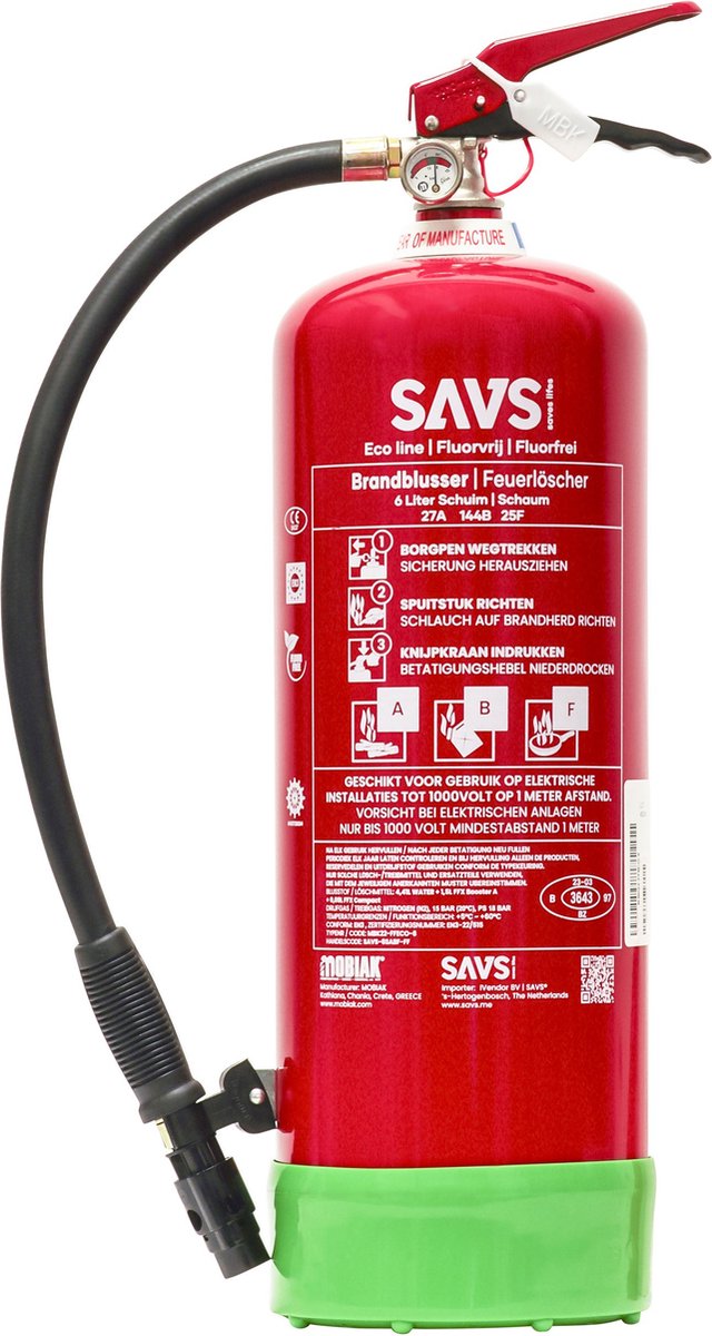 SAVS® Brandblusser Vetblusser schuim 6 liter - 27A 144B 25F - Fluor en PFAS vrij - Met montagebeugel - Schuimblusser - 6L