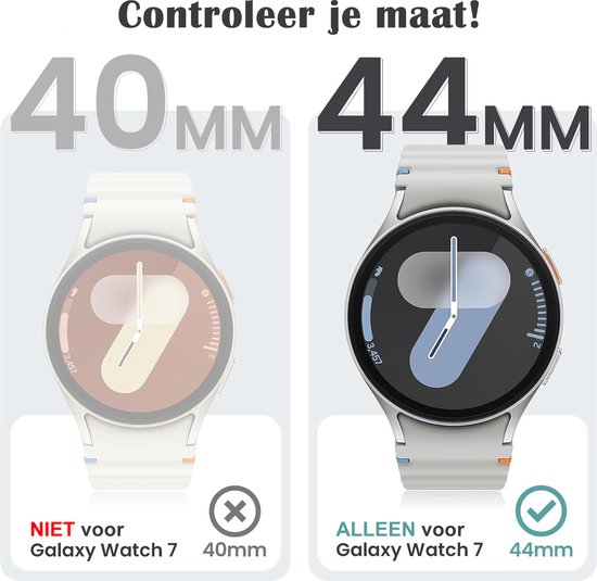 Vergelijking van 40mm en 44mm smartwatches. Alleen 44mm is geschikt voor Galaxy Watch 7.