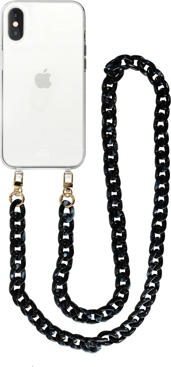 xoxo Wildhearts silicone case met koord - Transparant telefoonhoesje met koord - telefoonketting - Marble Black - Lang koord - Cord Case - geschikt voor Apple iPhone XS Max hoesje - Ketting met marmere look - marmer - zwart