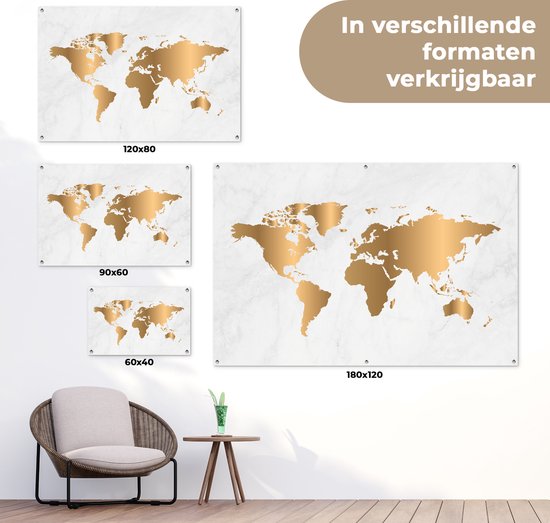 Tuinposter 60x40 cm - Tuindecoratie Wereldkaart - Goud - Marmerlook - Luxe - Design - Poster voor in de tuin - Buiten decoratie - Schutting tuinschilderij - Tuindoek muurdecoratie - Wanddecoratie balkondoek