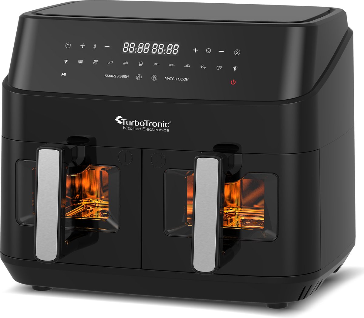 Turbotronic Airfryer XXL DualChef - 9L - 1600W - Heteluchtfriteuse - Dubbele Mand - 2 x 4.5L - 50ºC tot 200ºC - 10 Kookprogramma's - Zwart