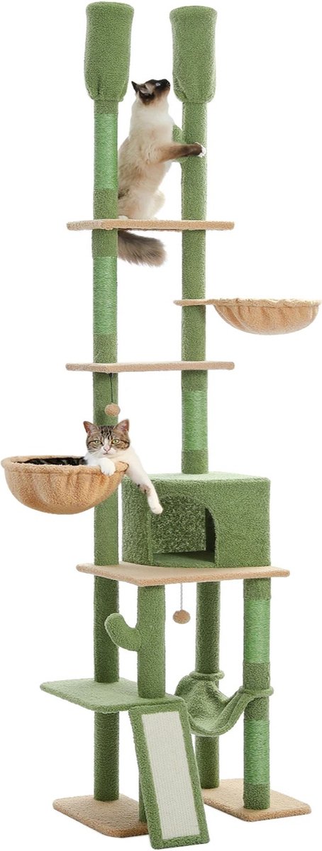 Verstelbare Krabpaal – 216-285Cm – Hoogte – Cactus – Kat Boom – Met Condo – Hangmat – Hoge Katten toren – Krabpaal – Voor Kat – Springen – Platform – Katten Speelgoed – Groen