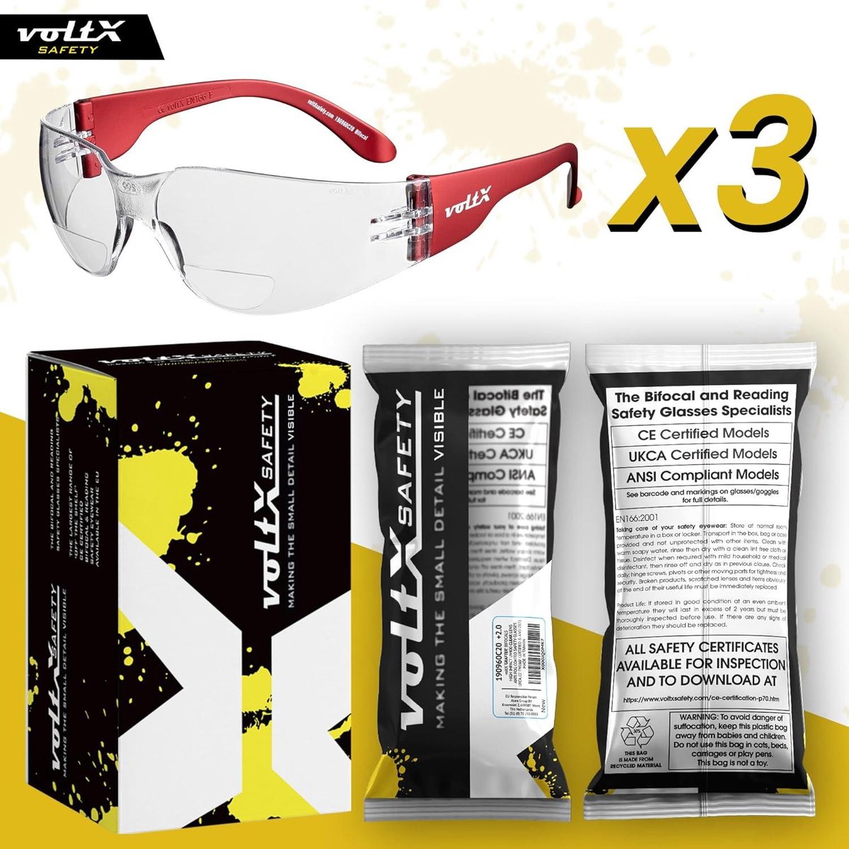 voltX 'VISION' Lunettes de sécurité de lecture grossissantes à lentille intégrale, CE EN166FT (Transparent, 1.5 dioptrie) – Lentille UV400 avec traitement antibuée