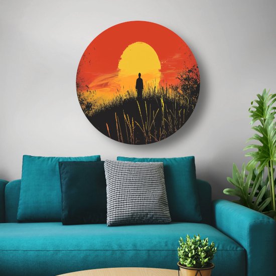 Zonsondergang muurdecoratie rond - Natuur wandcirkel - Schilderij rond Silhouet - Wanddecoratie kinderkamer - Wandbord - Kantoor decoratie muurcirkel forex 70x70 cm