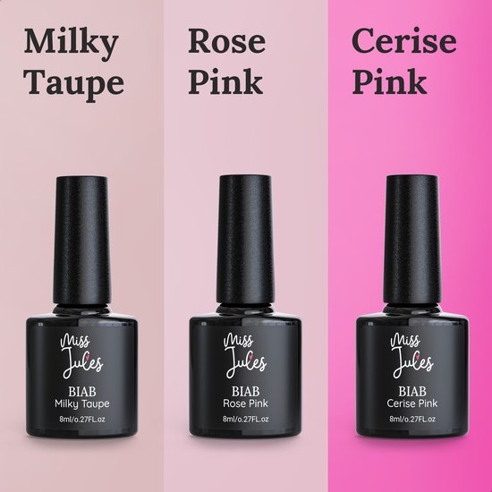 Drie Miss Jules BIAB gellak flesjes: Milky Taupe, Rose Pink, en Cerise Pink.