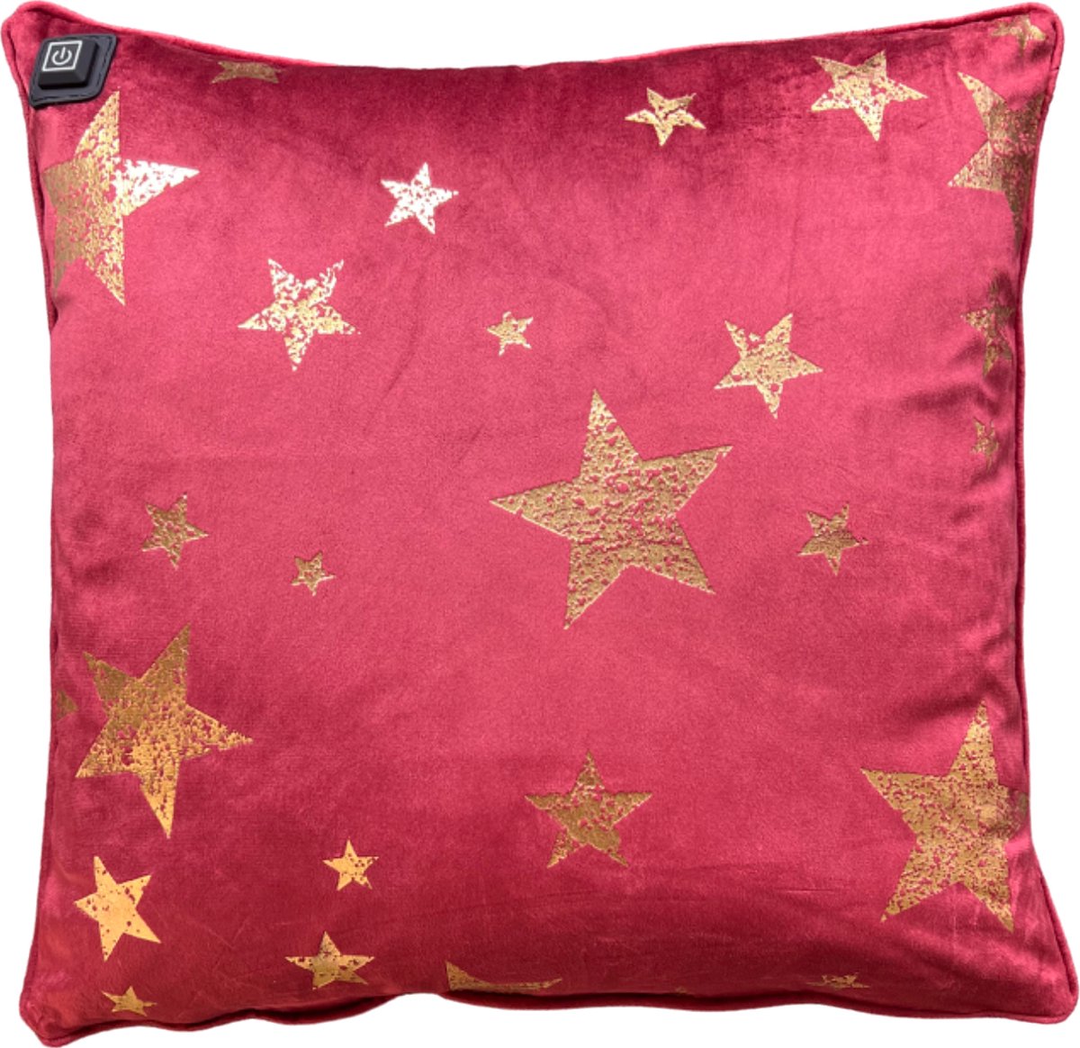 Warmpi Kerst Warmtekussen Draadloos Fluweel Rood incl. Powerbank (10.000mah) Velvet met kerststerren Het verwarmde sierkussen heeft ook kabel van 3m voor opwarming via stopcontact of USB Poort 3 standen 45x45 cm velours ster