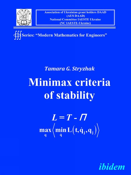 Livre bleu : Minimax criteria of stability par Tamara G. Stryzhak, avec formules mathématiques et logos en texte blanc.