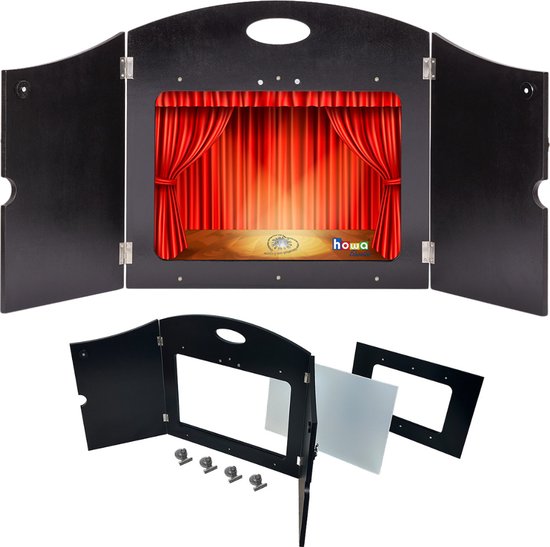 Zwart kamishibai theater met rode gordijnen, en de onderdelen los. De onderdelen zijn een frame, een plexiglas ruit en magneten.