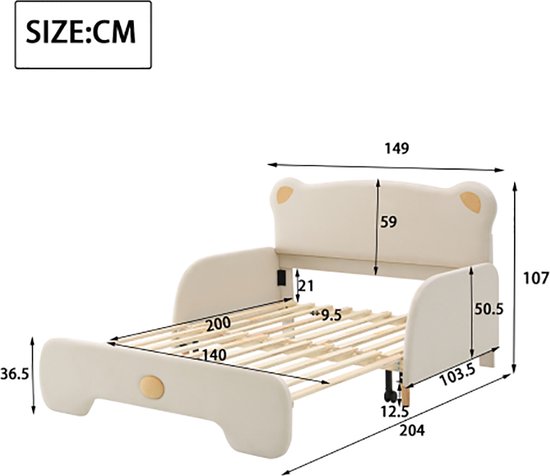 Afmetingstekening van een crèmekleurig kinderbed met berenoren hoofd- en voeteneinde.