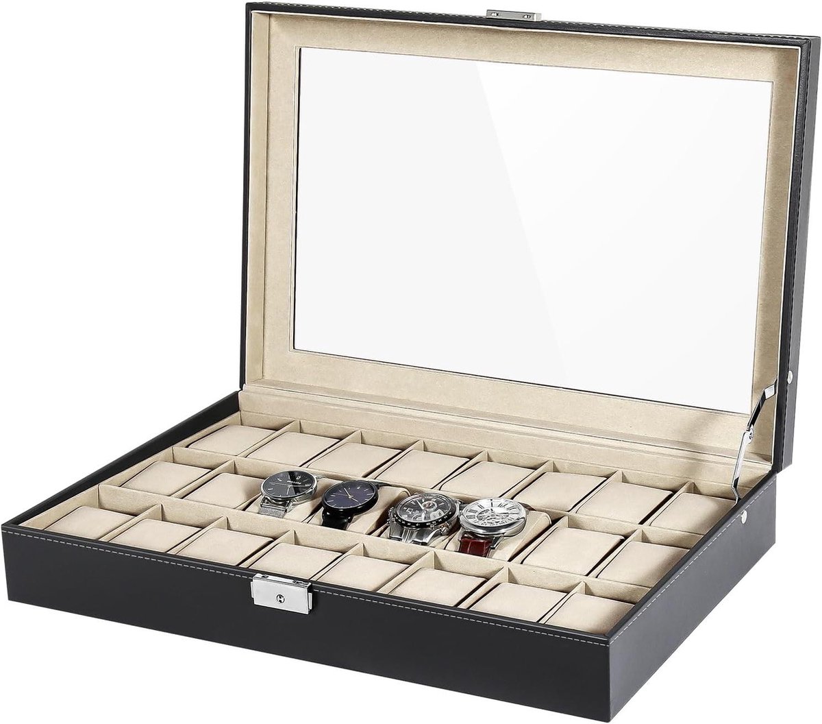 24-Horloge Display Opbergdoos Sieraden Collectie Case Organizer Houder met Kussen - Zwarte Afwerking